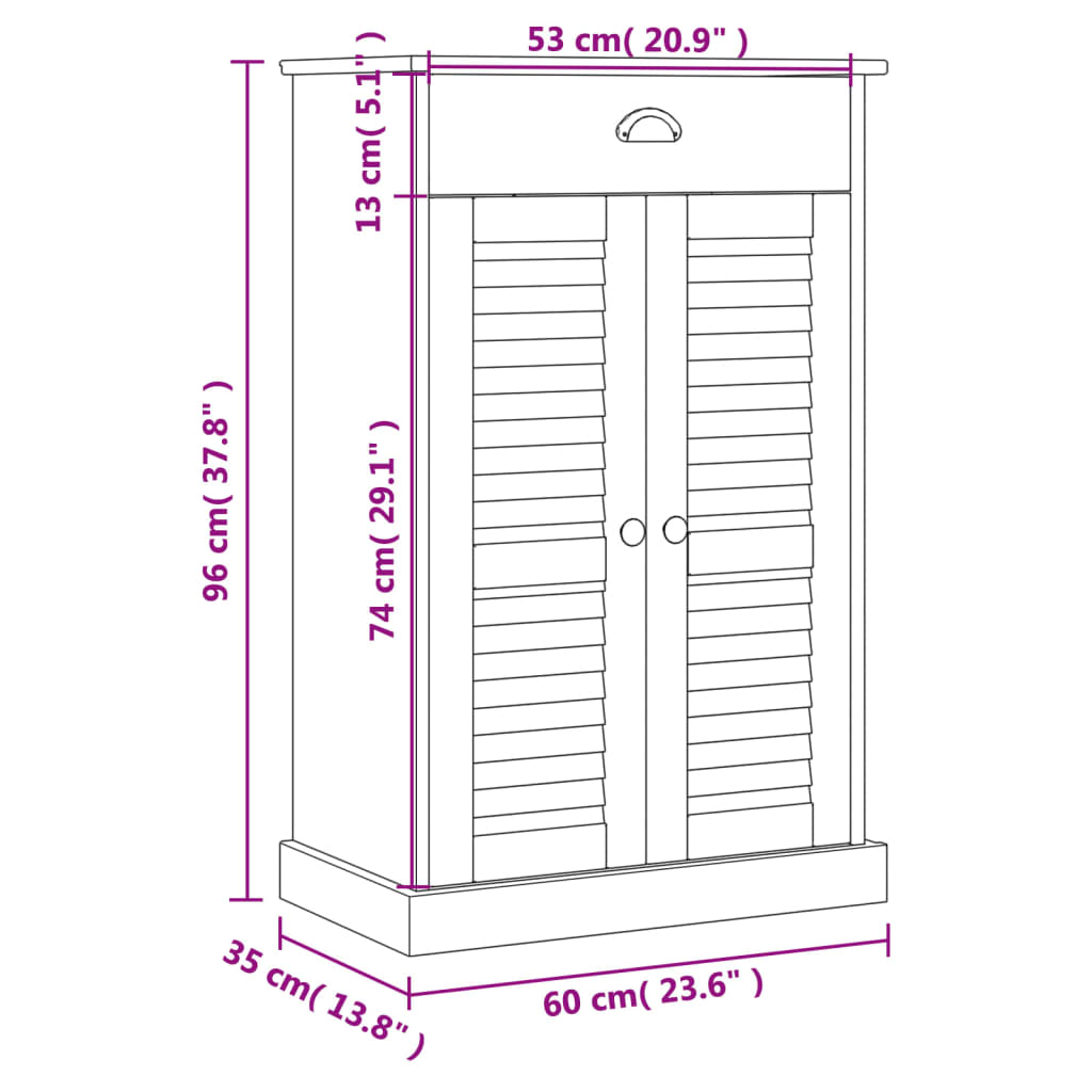 Dulap de pantofi VIGO, alb, 60x35x96 cm, lemn masiv de pin