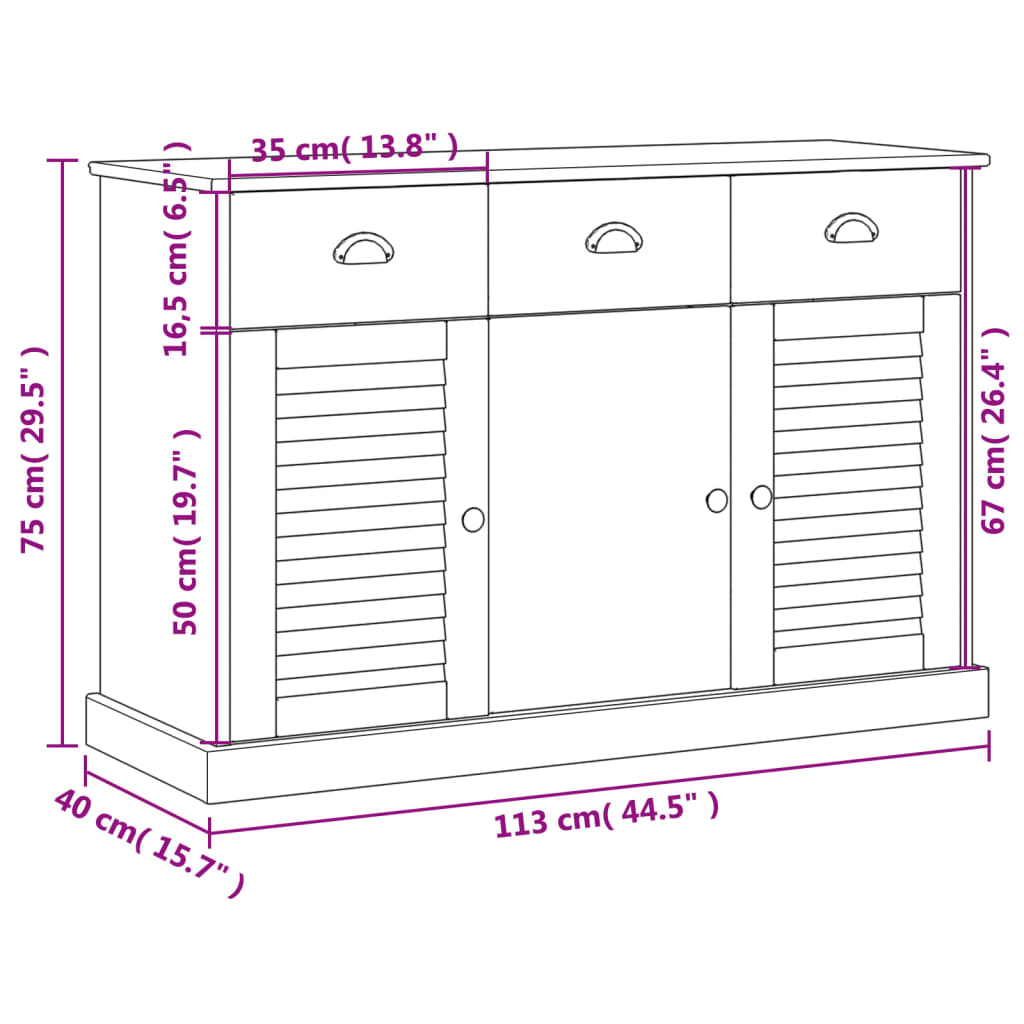 Servantă cu sertare VIGO, 113x40x75 cm, lemn masiv de pin