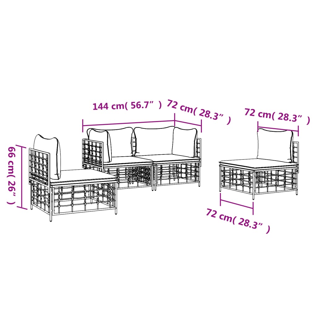 Set șezlonguri de grădină 4 piese cu perne, antracit, poliratan