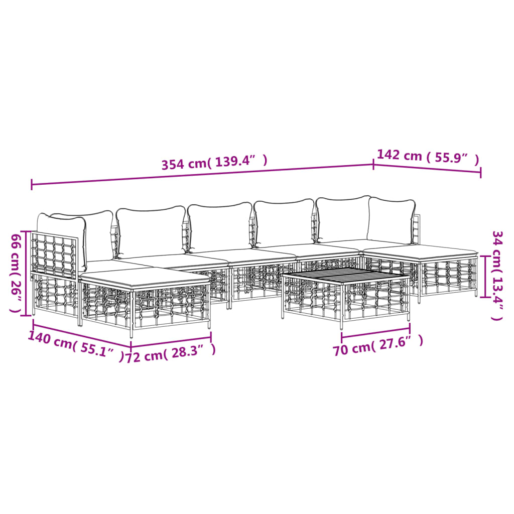 Set mobilier de grădină cu perne, 8 piese, antracit, poliratan