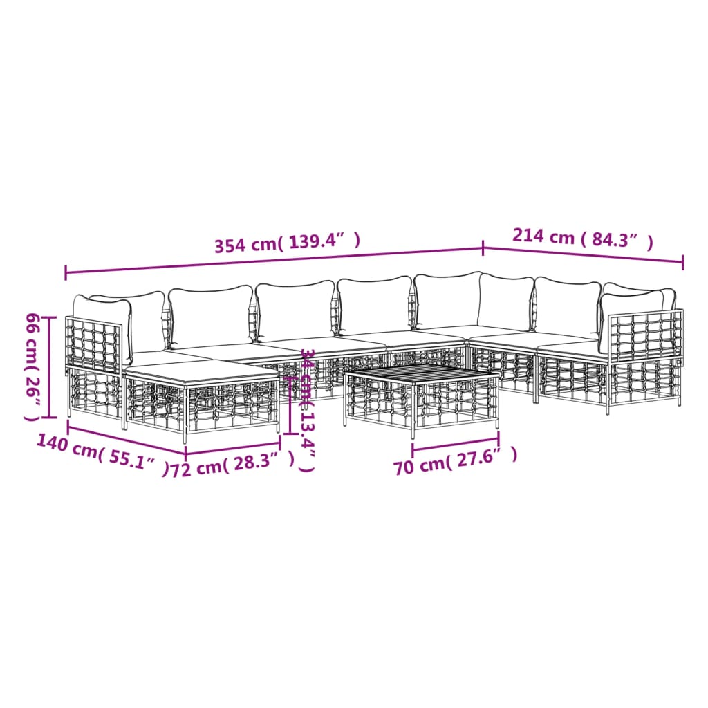 Set mobilier de grădină cu perne, 9 piese, antracit, poliratan