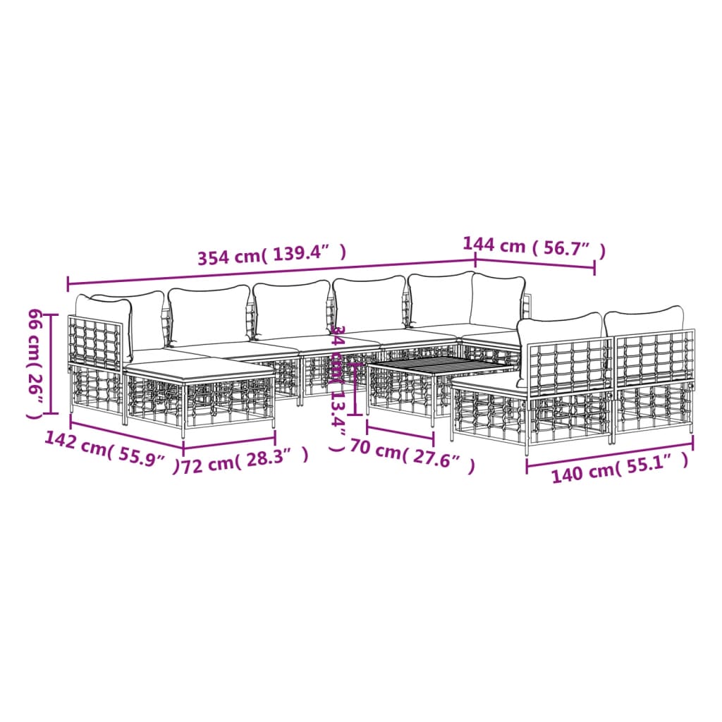 Set mobilier de grădină cu perne, 10 piese, antracit, poliratan