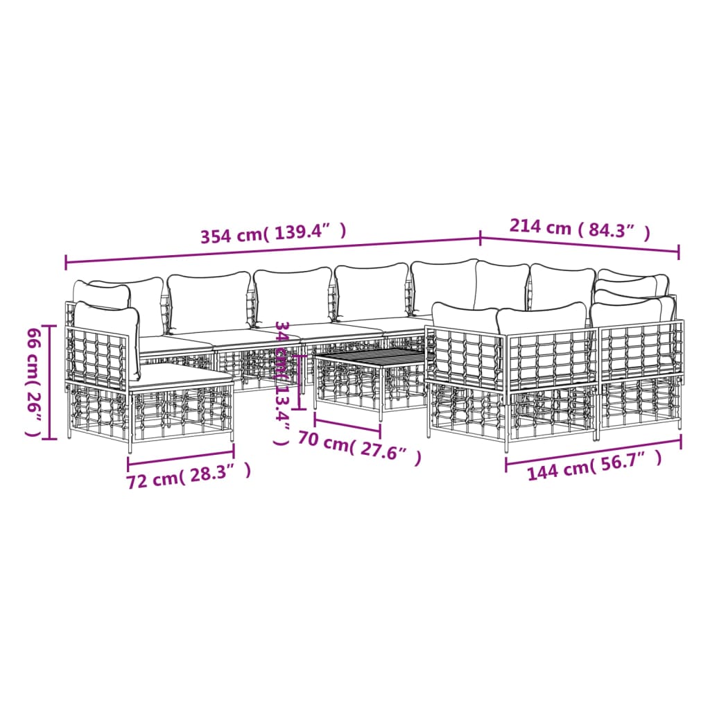 Set mobilier de grădină cu perne, 11 piese, antracit, poliratan