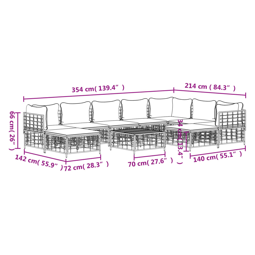 Set mobilier de grădină cu perne, 10 piese, antracit, poliratan