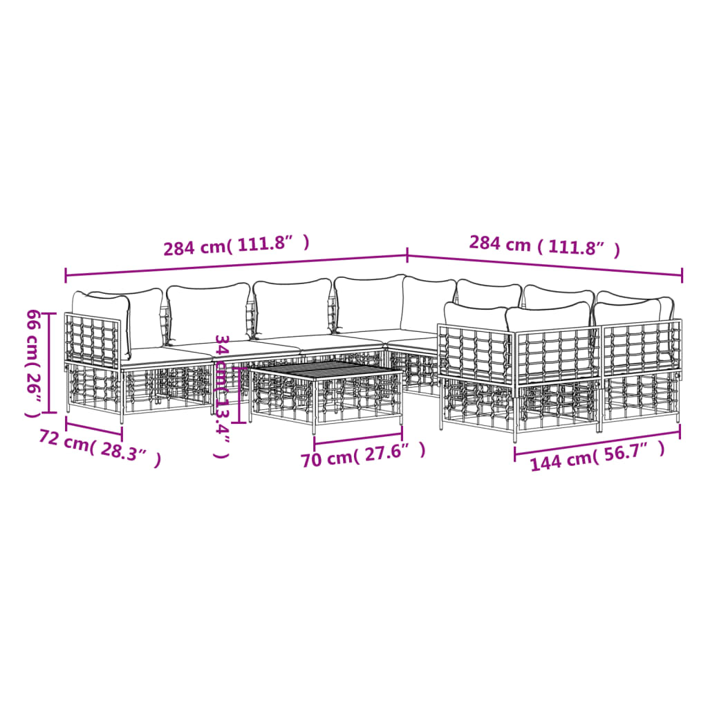 Set mobilier de grădină cu perne, 9 piese, antracit, poliratan