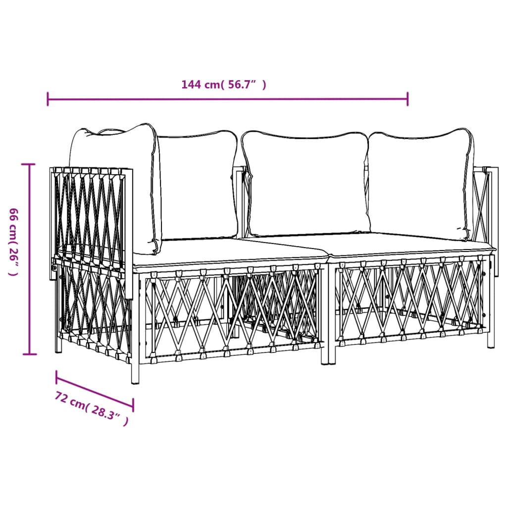 Set mobilier de grădină, 2 piese, cu perne, alb, oțel