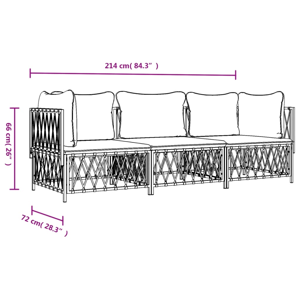 Set mobilier de grădină, 3 piese, cu perne, alb, oțel