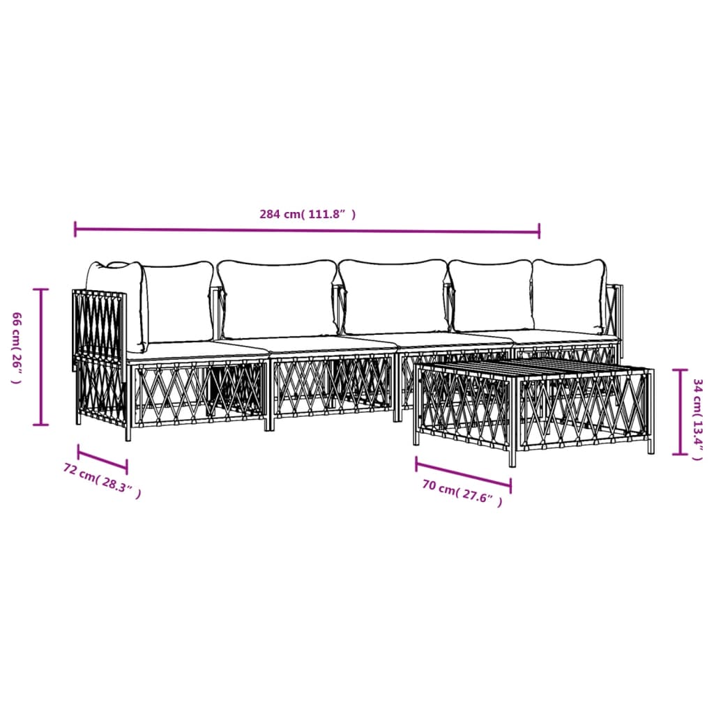 Set mobilier de grădină, 5 piese, cu perne, alb, oțel