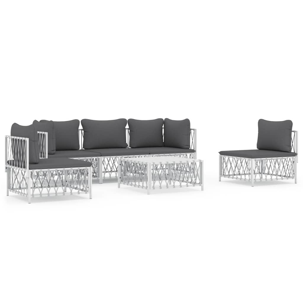 Set mobilier de grădină, 6 piese, cu perne, alb, oțel