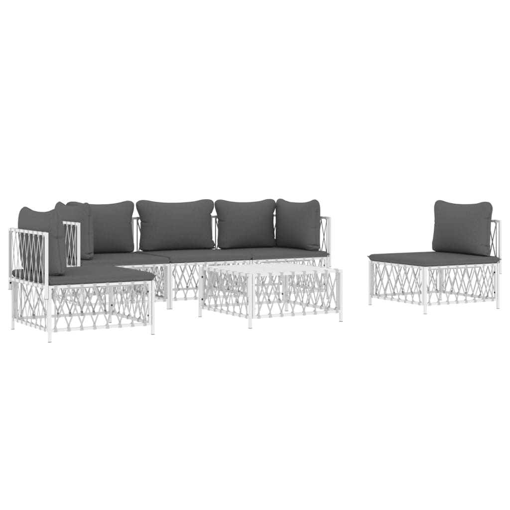 Set mobilier de grădină, 6 piese, cu perne, alb, oțel