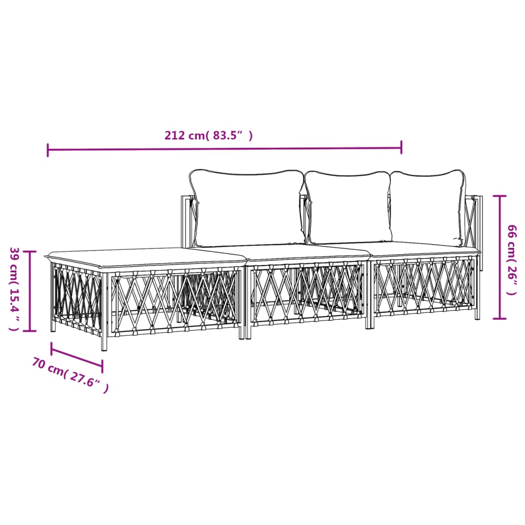 Set mobilier de grădină, 3 piese, cu perne, alb, oțel