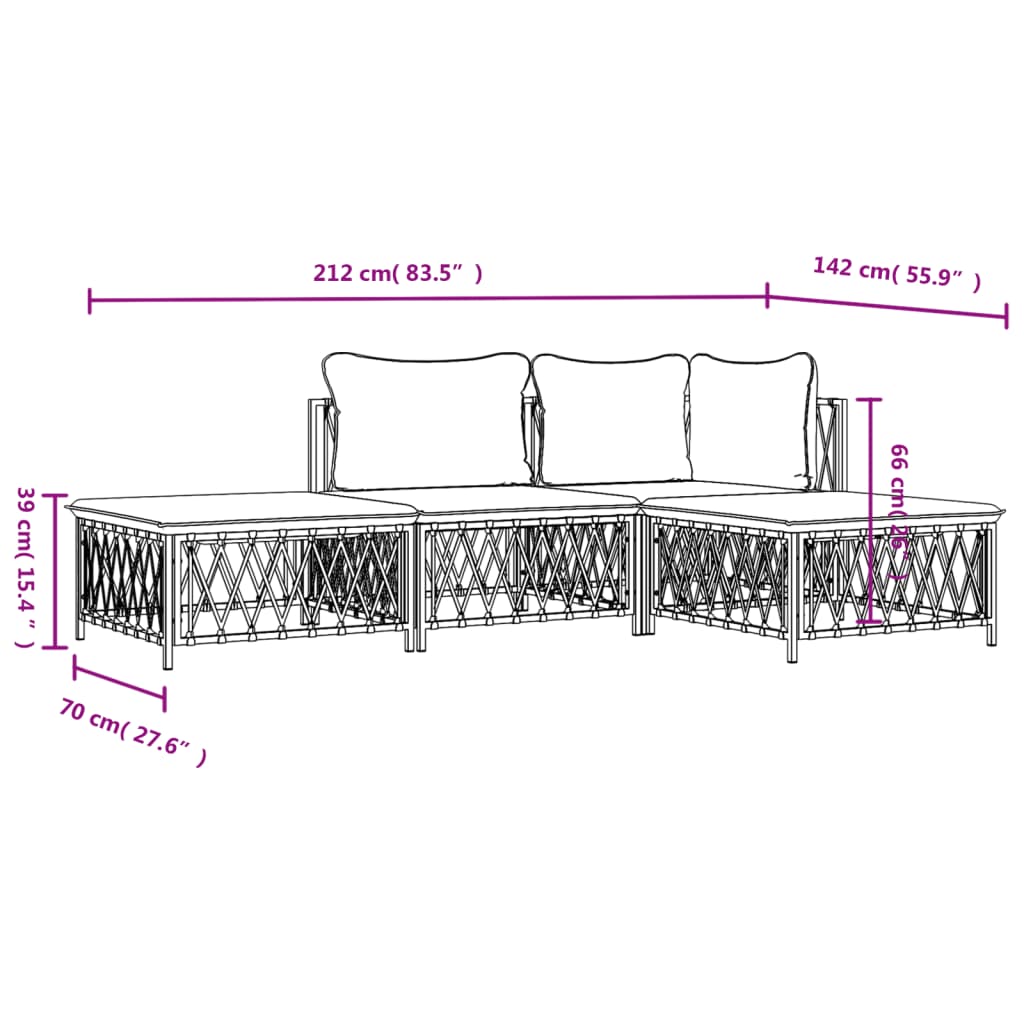 Set mobilier de grădină, 4 piese, cu perne, alb, oțel