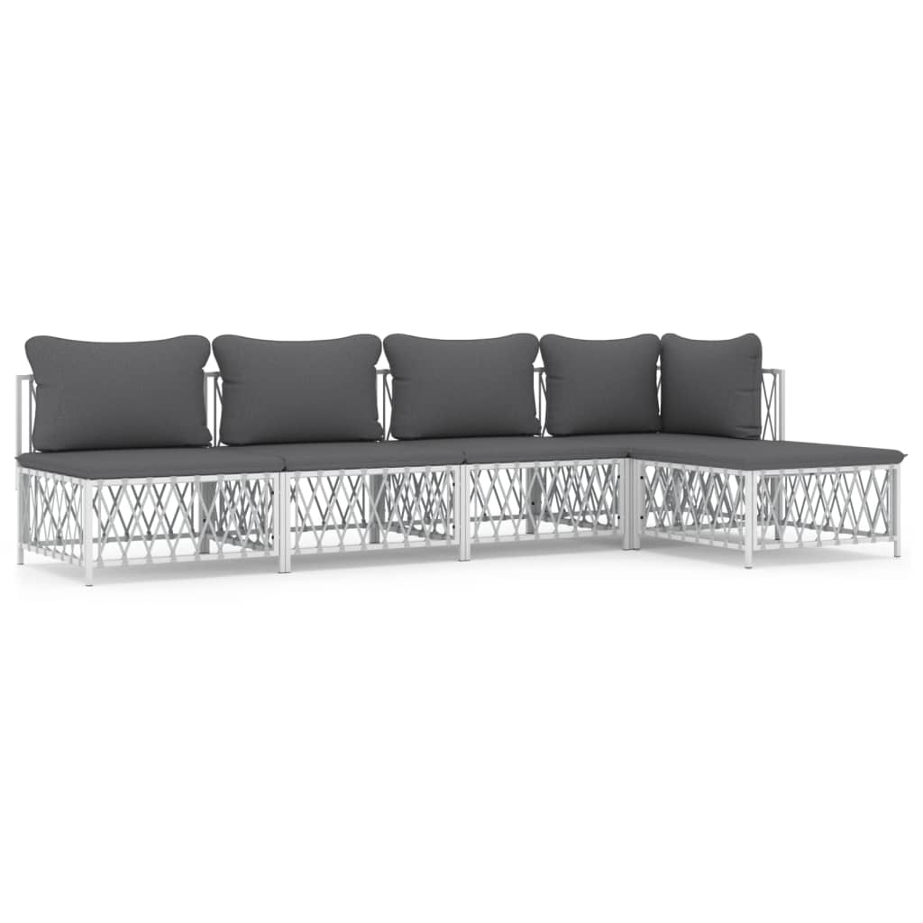 Set mobilier de grădină, 5 piese, cu perne, alb, oțel