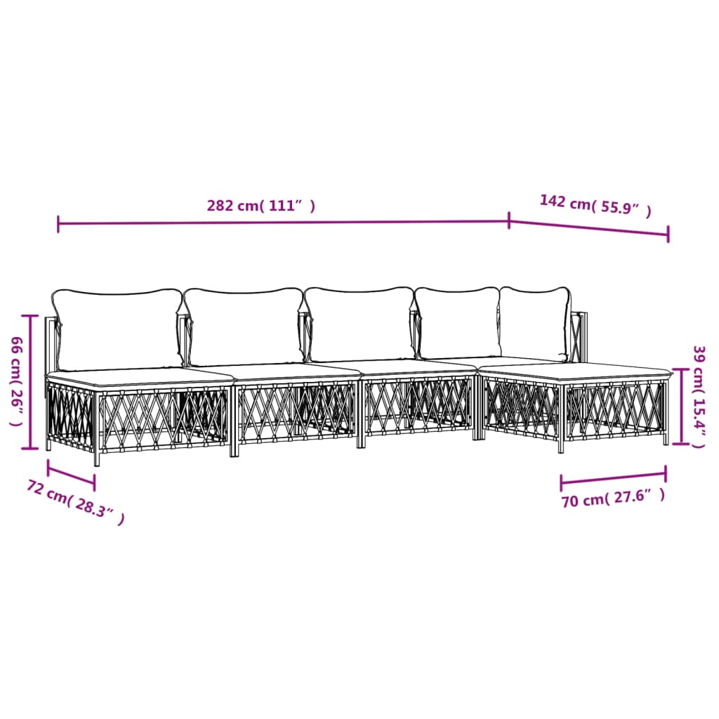 Set mobilier de grădină, 5 piese, cu perne, alb, oțel