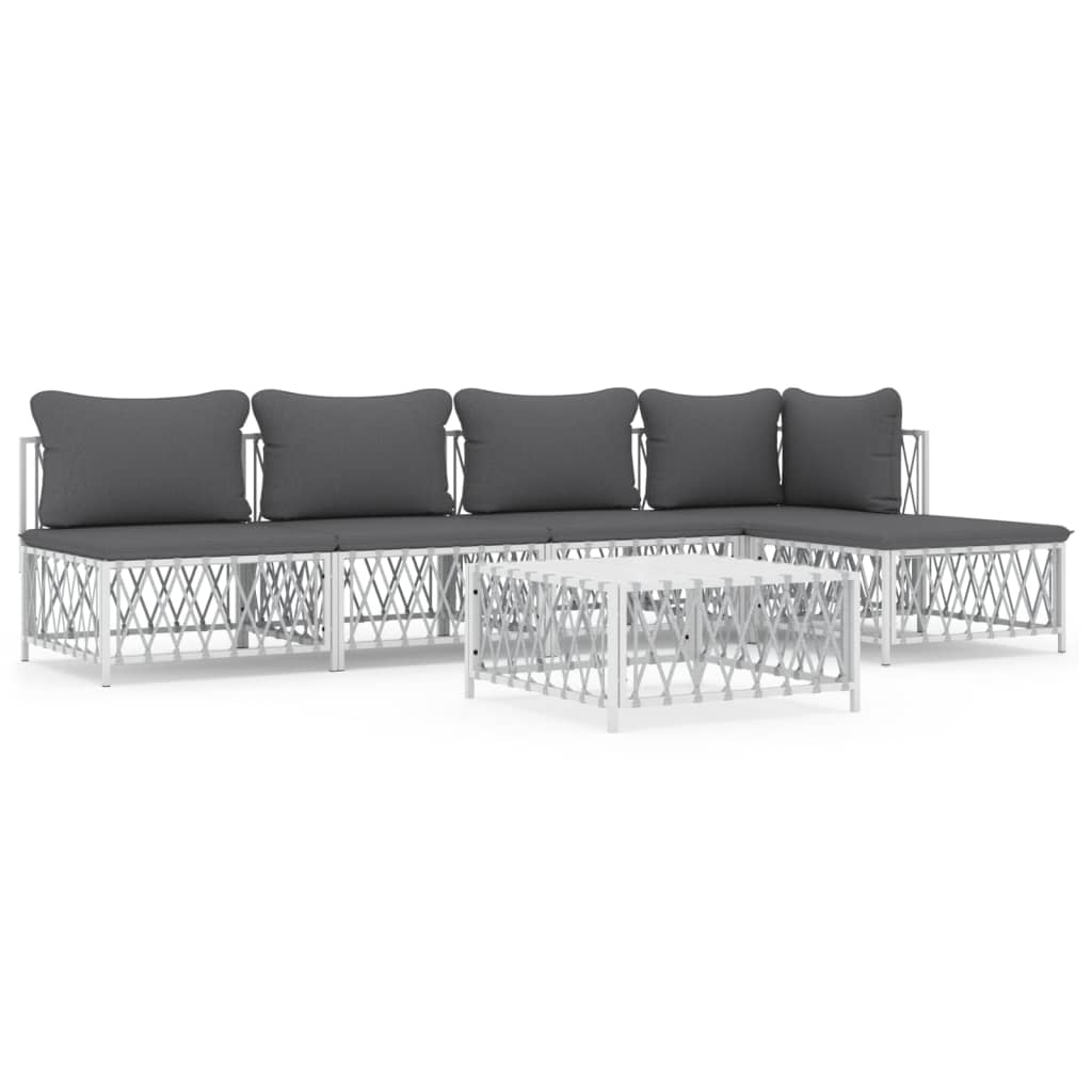 Set mobilier de grădină, 6 piese, cu perne, alb, oțel