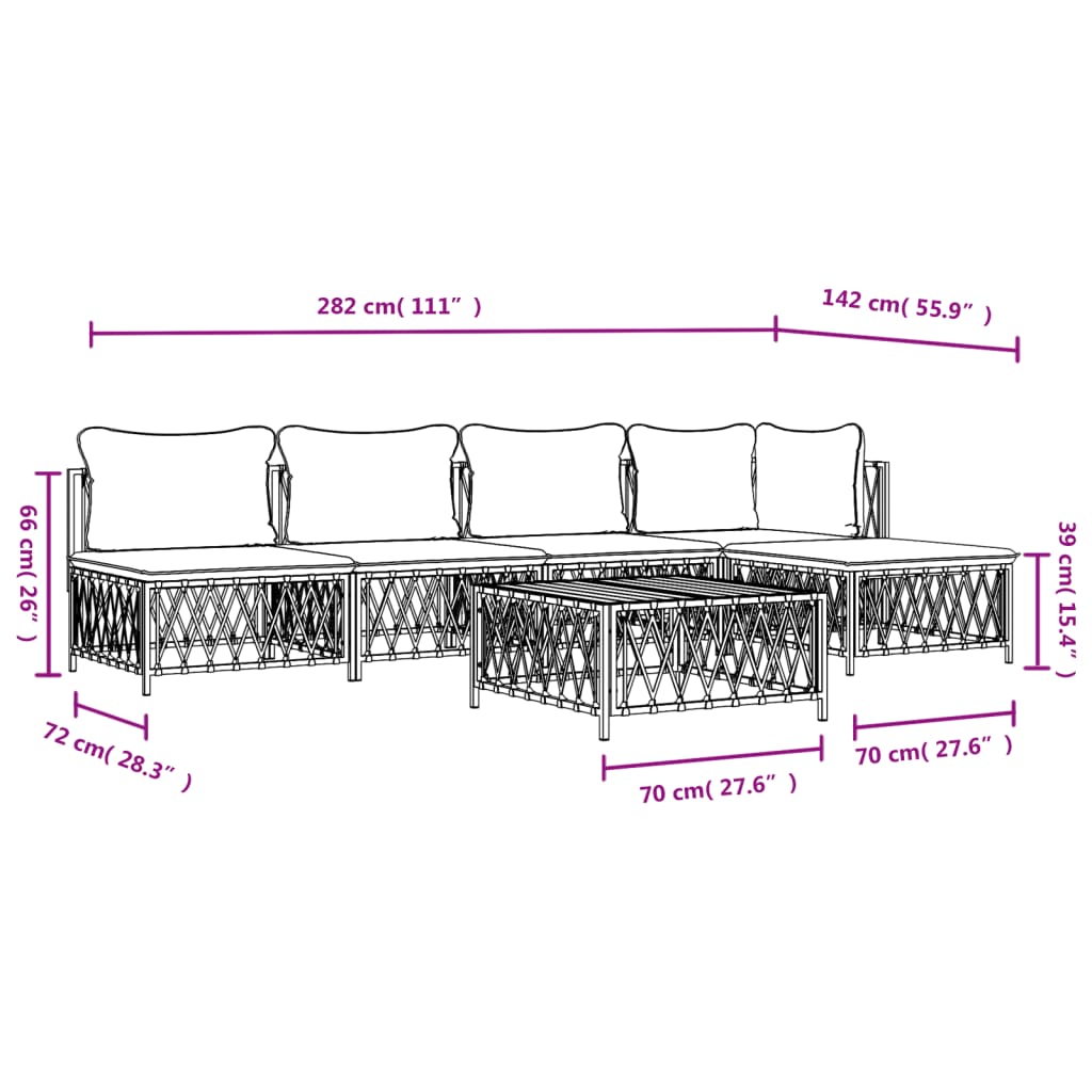 Set mobilier de grădină, 6 piese, cu perne, alb, oțel