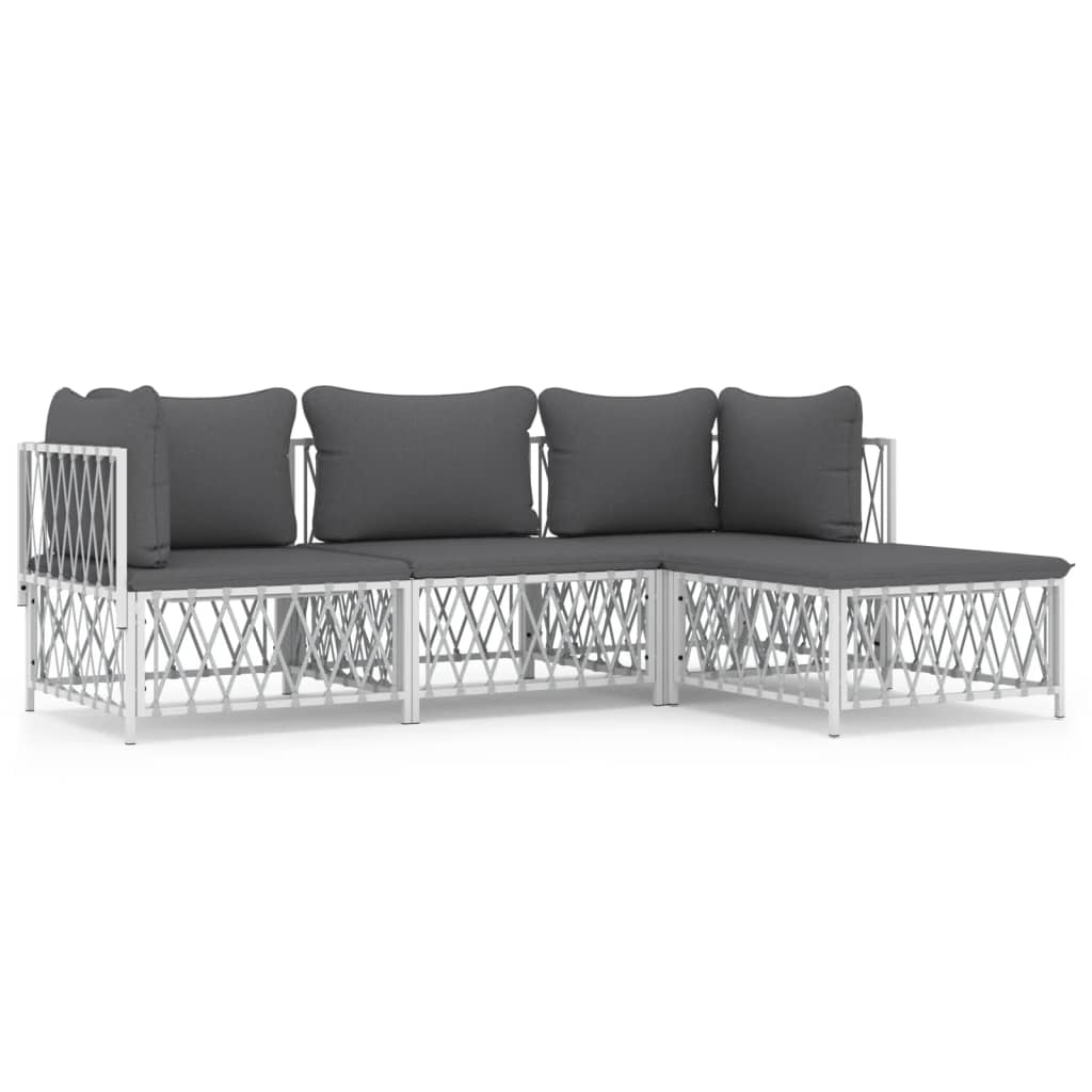 Set mobilier de grădină, 4 piese, cu perne, alb, oțel