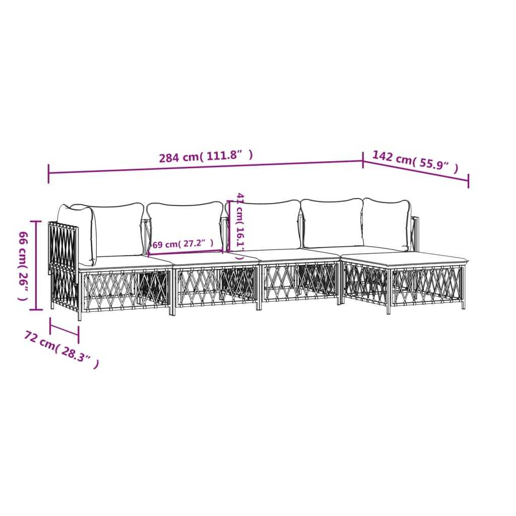 Set mobilier de grădină, 5 piese, cu perne, alb, oțel