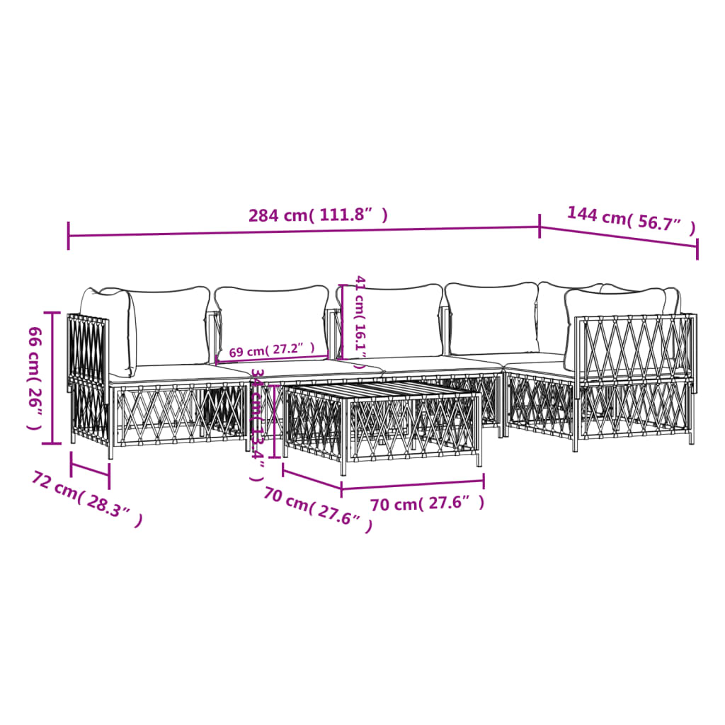 Set mobilier de grădină, 6 piese, cu perne, alb, oțel