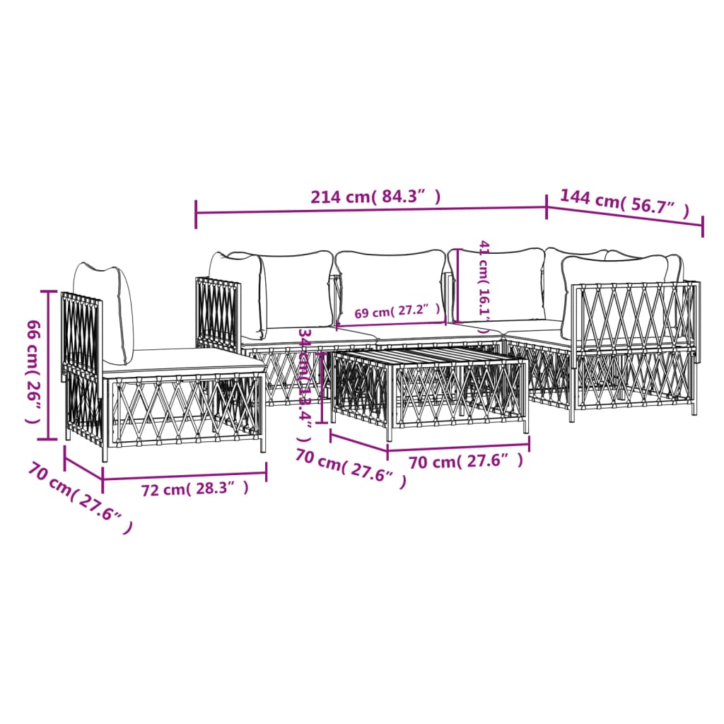 Set mobilier de grădină, 6 piese, cu perne, alb, oțel