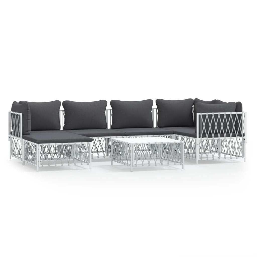 Set mobilier de grădină cu perne, 7 piese, alb, oțel