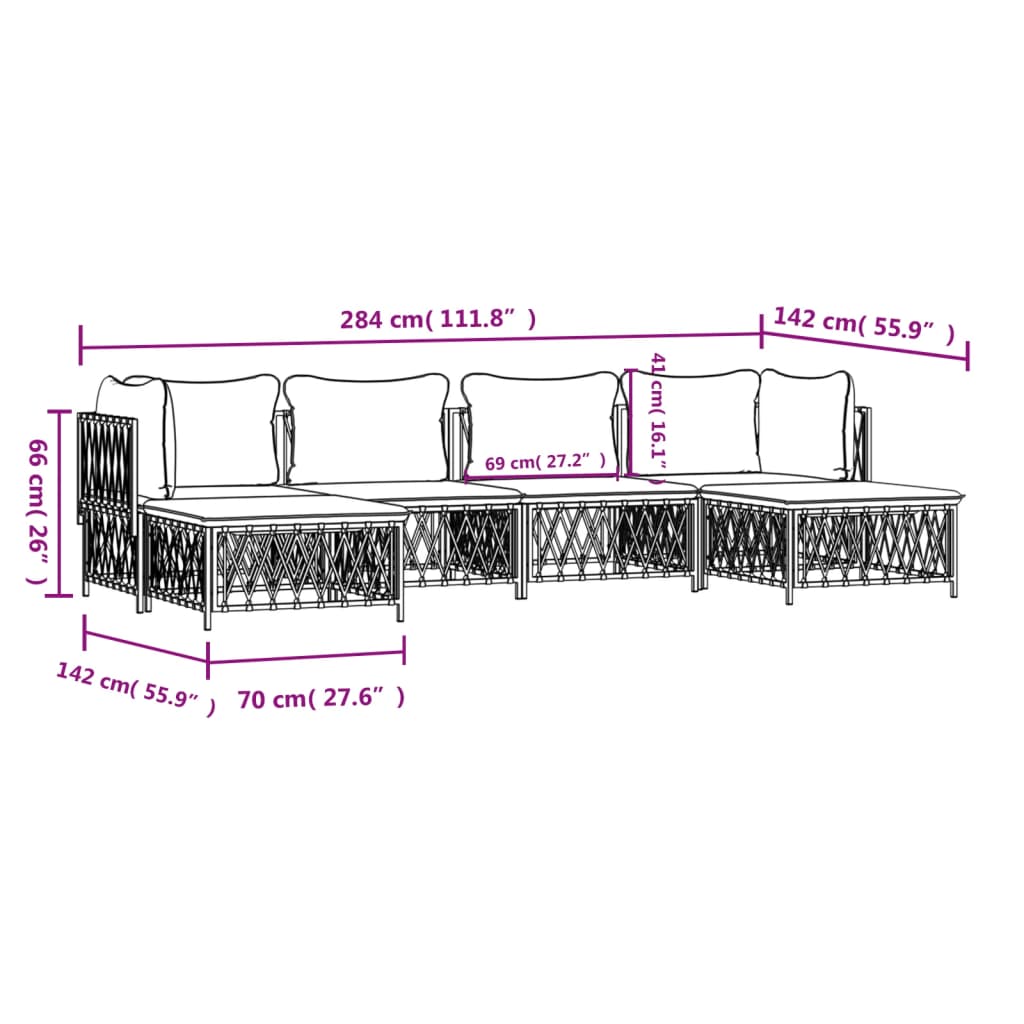 Set mobilier de grădină, 6 piese, cu perne, alb, oțel