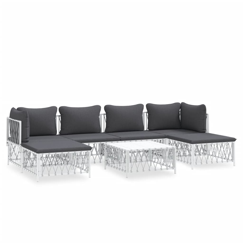 Set mobilier de grădină cu perne, 7 piese, alb, oțel