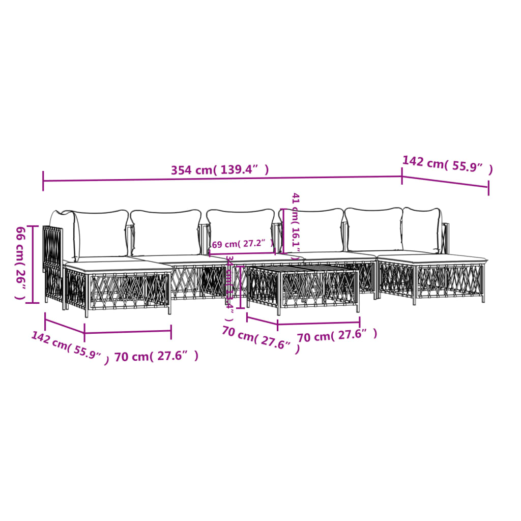 Set mobilier de grădină, 8 piese, cu perne, alb, oțel