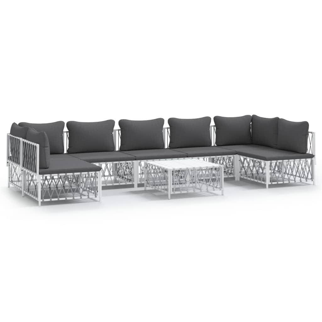 Set mobilier de grădină, 8 piese, cu perne, alb, oțel