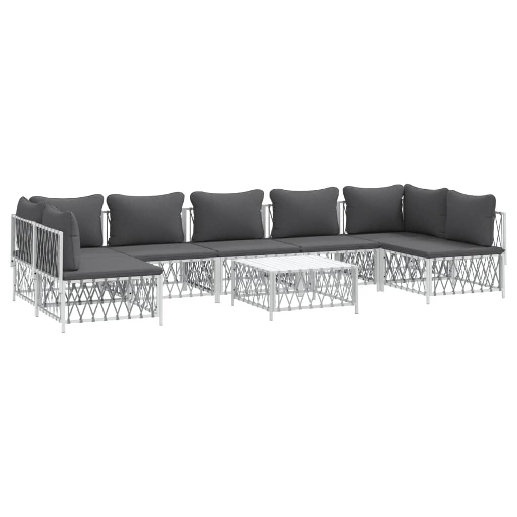 Set mobilier de grădină, 8 piese, cu perne, alb, oțel