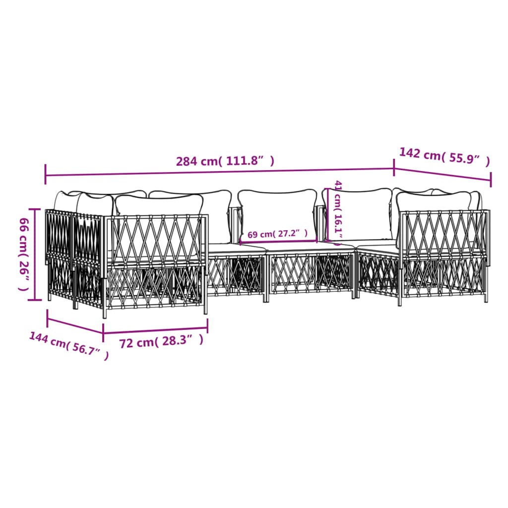 Set mobilier de grădină, 6 piese, cu perne, alb, oțel