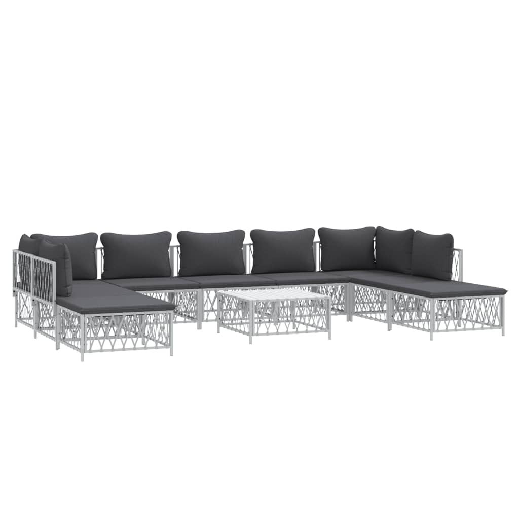 Set mobilier de grădină, 10 piese, cu perne, alb, oțel