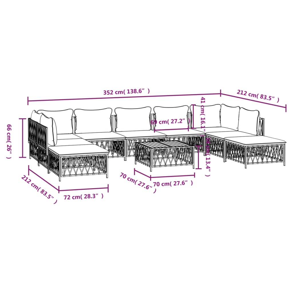 Set mobilier de grădină, 10 piese, cu perne, alb, oțel