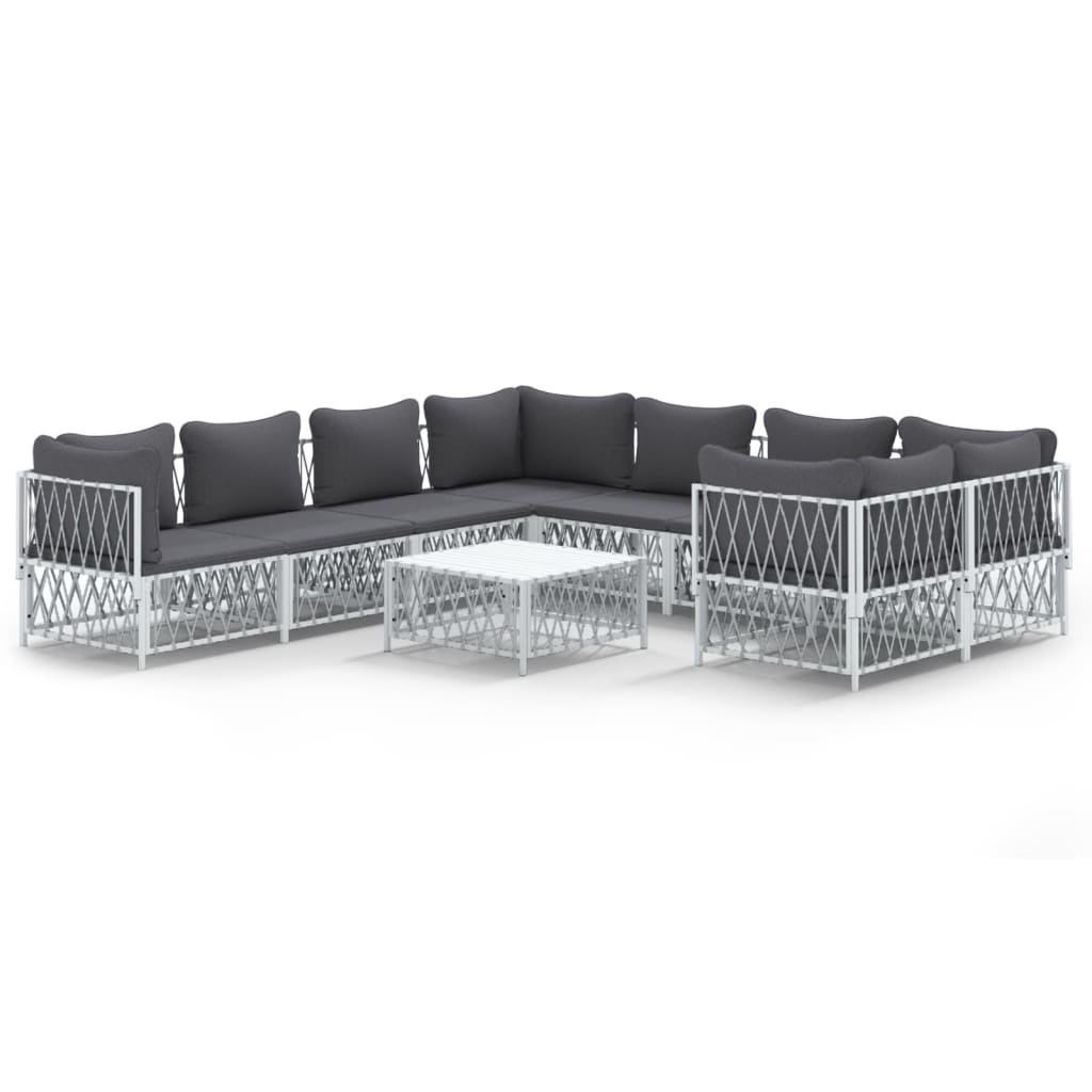 Set mobilier de grădină cu perne, 9 piese, alb, oțel