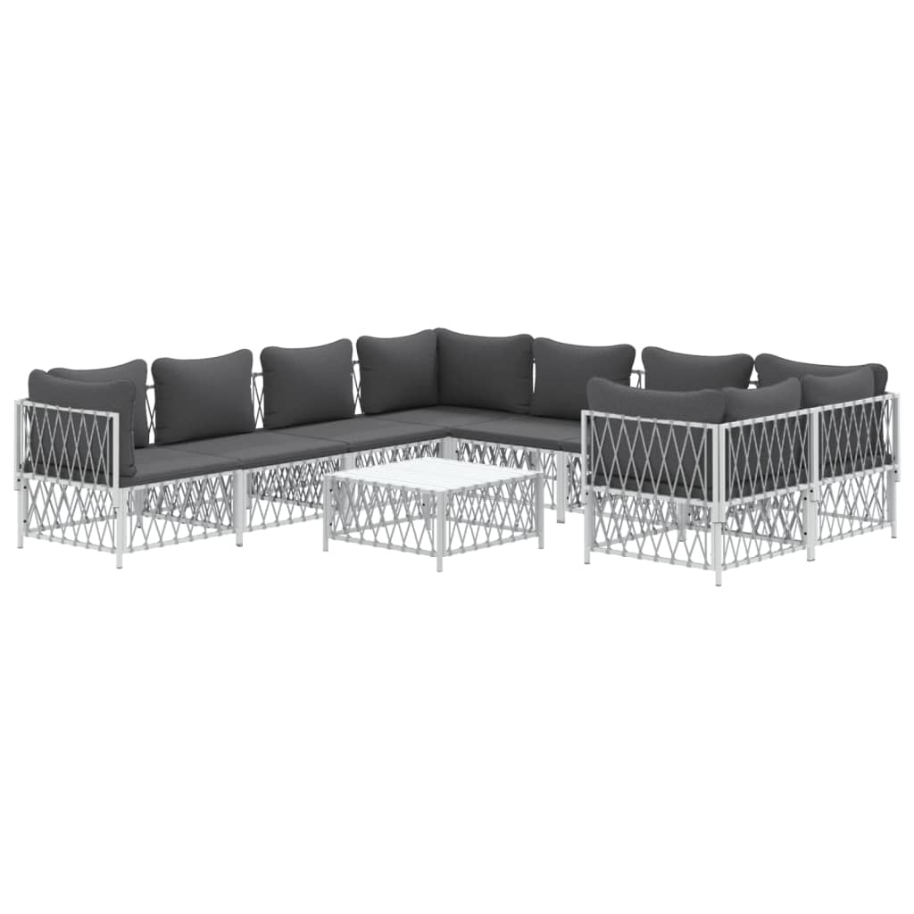 Set mobilier de grădină cu perne, 9 piese, alb, oțel