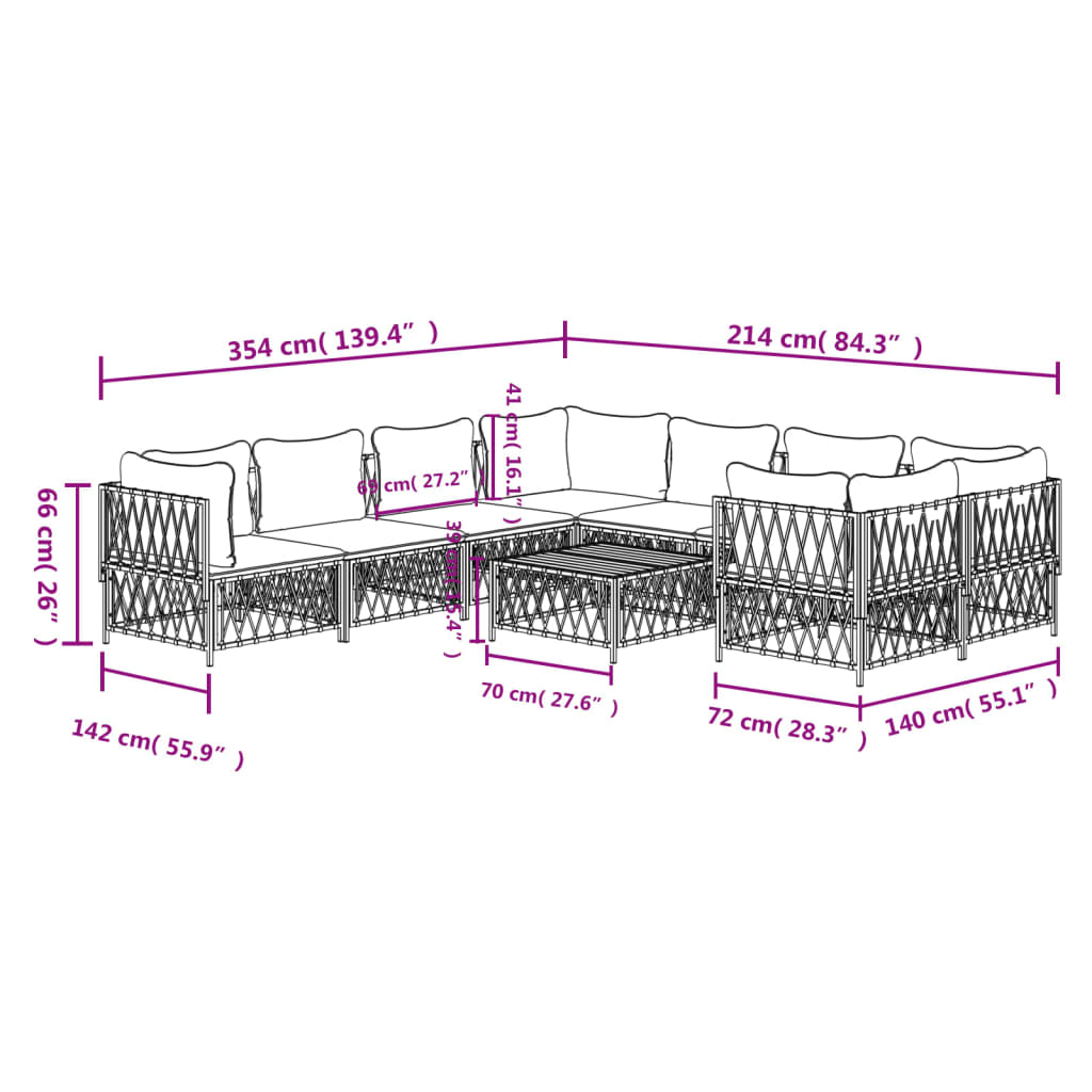 Set mobilier de grădină cu perne, 9 piese, alb, oțel