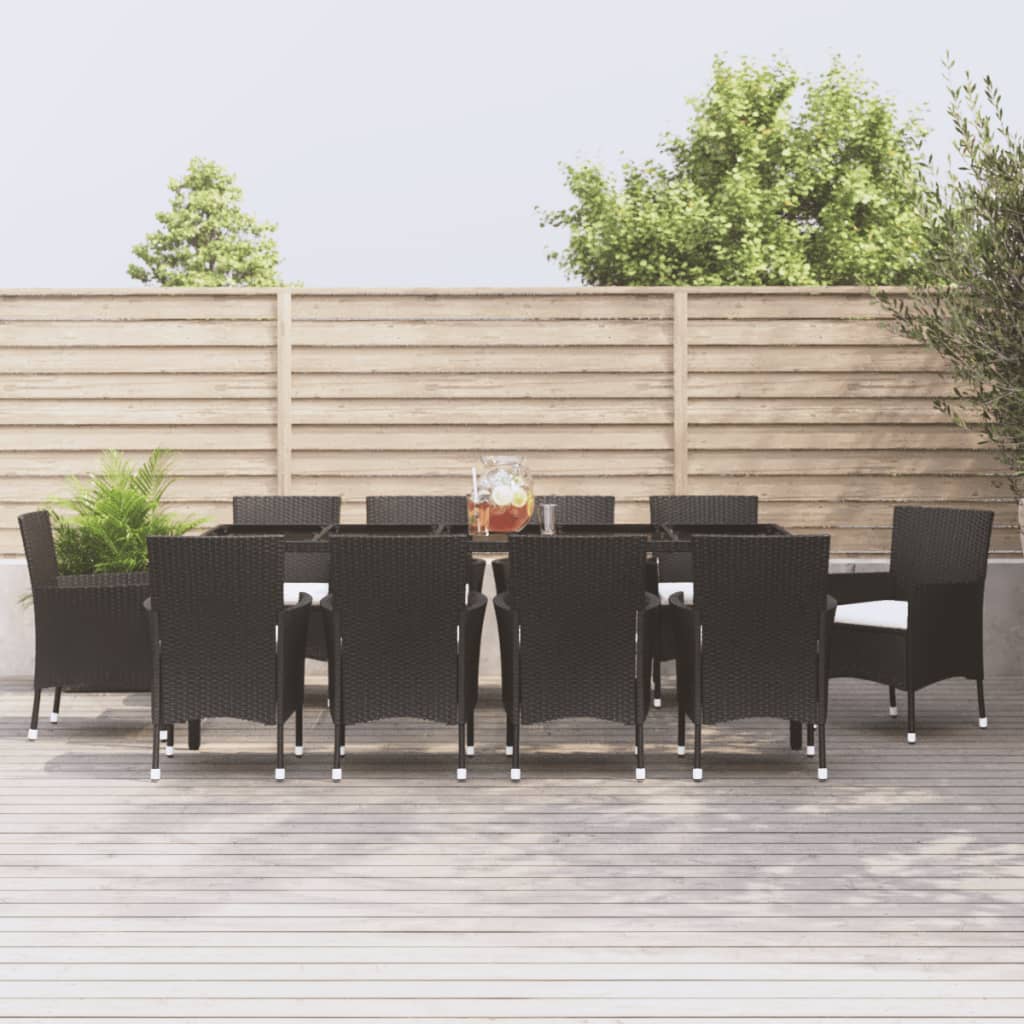 Set mobilier de exterior cu perne, 11 piese, negru, poliratan