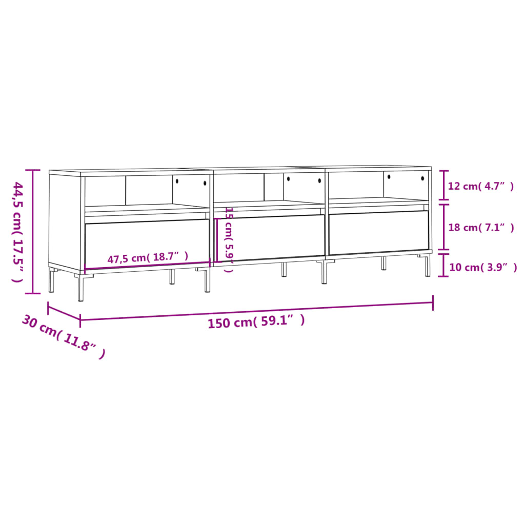 Comodă TV, gri beton, 150x30x44,5 cm, lemn prelucrat