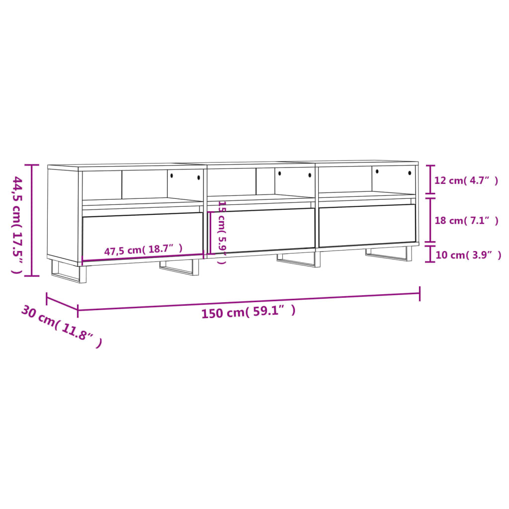 Comodă TV, gri beton, 150x30x44,5 cm, lemn prelucrat