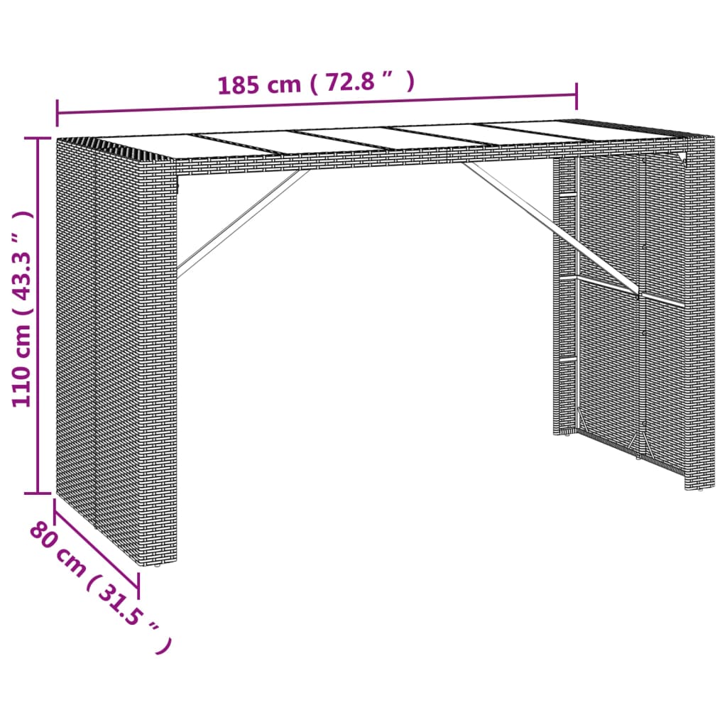 Set bar pentru grădină, 9 piese, negru, poliratan/lemn acacia