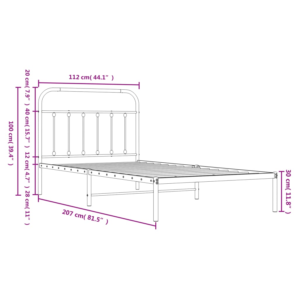 Cadru de pat din metal cu tăblie, negru, 107x203 cm