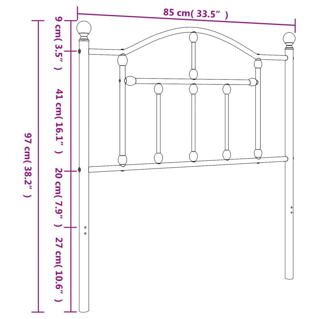 Tăblie de pat metalică, negru, 80 cm