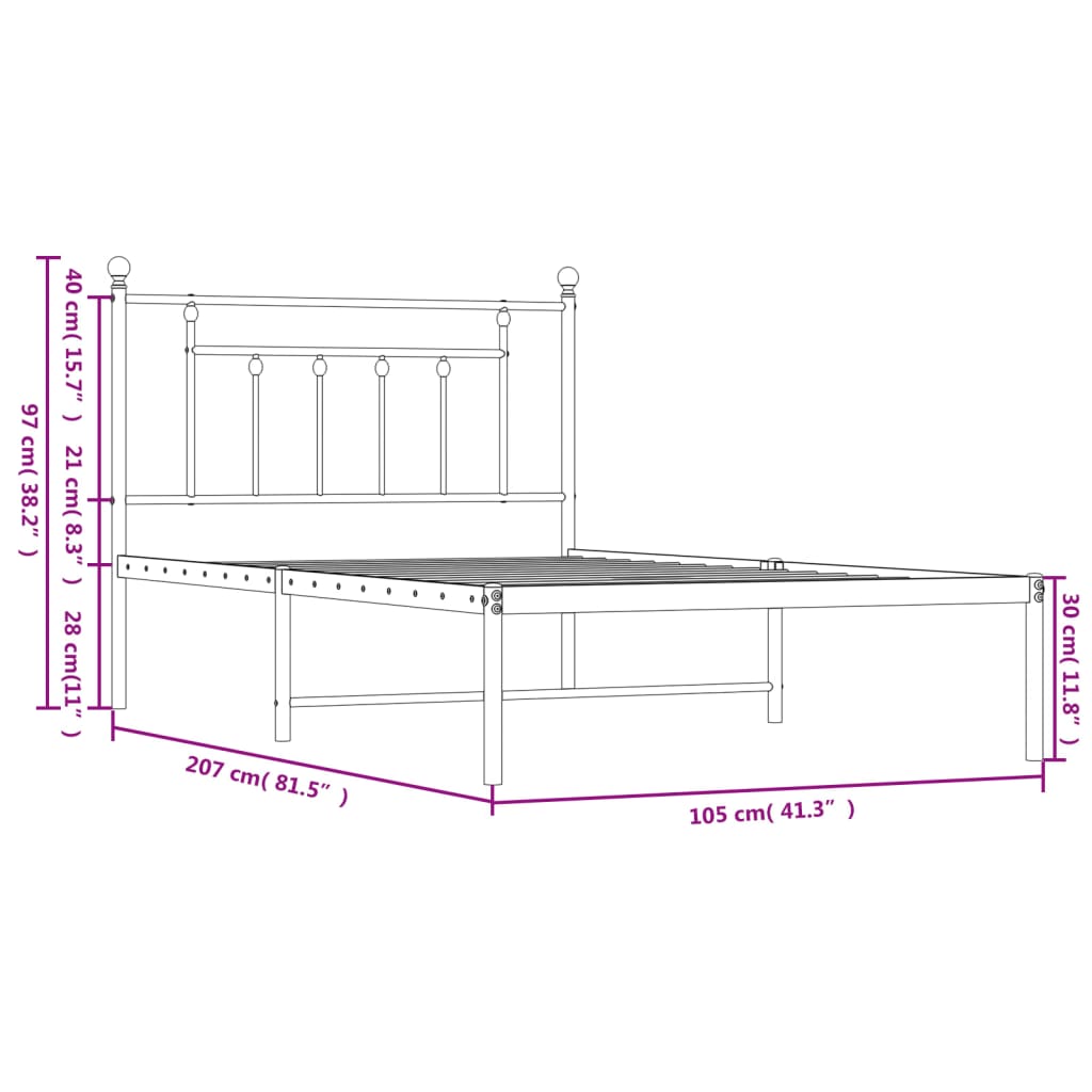 Cadru de pat din metal cu tăblie, alb, 100x200 cm