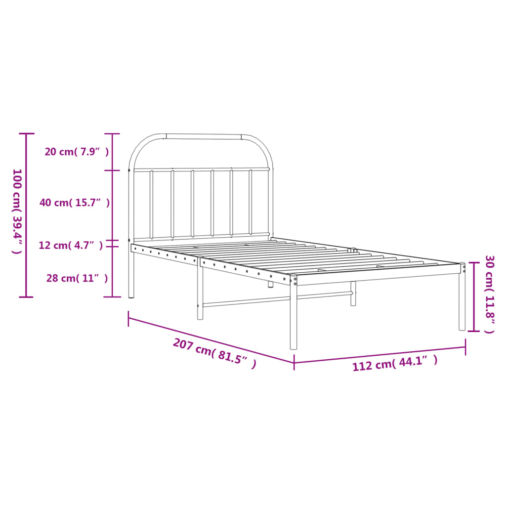 Cadru de pat din metal cu tăblie, alb, 107x203 cm