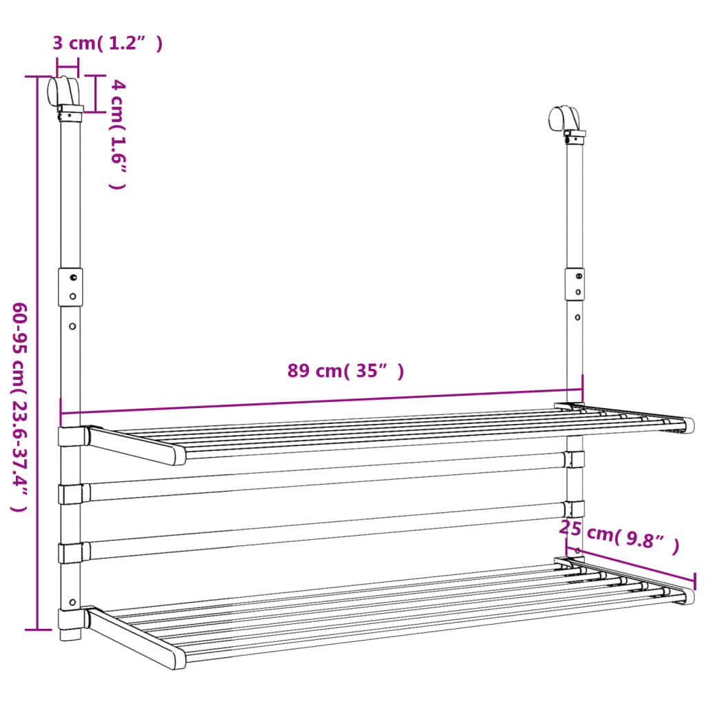 Suport de uscare pentru balcon 89x25x(60-95) cm aluminiu