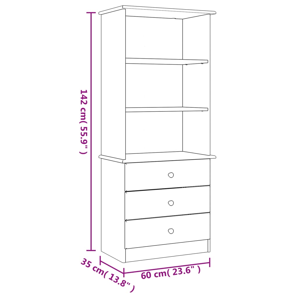 Bibliotecă cu sertare „ALTA”, alb, 60x35x142 cm, lemn masiv pin