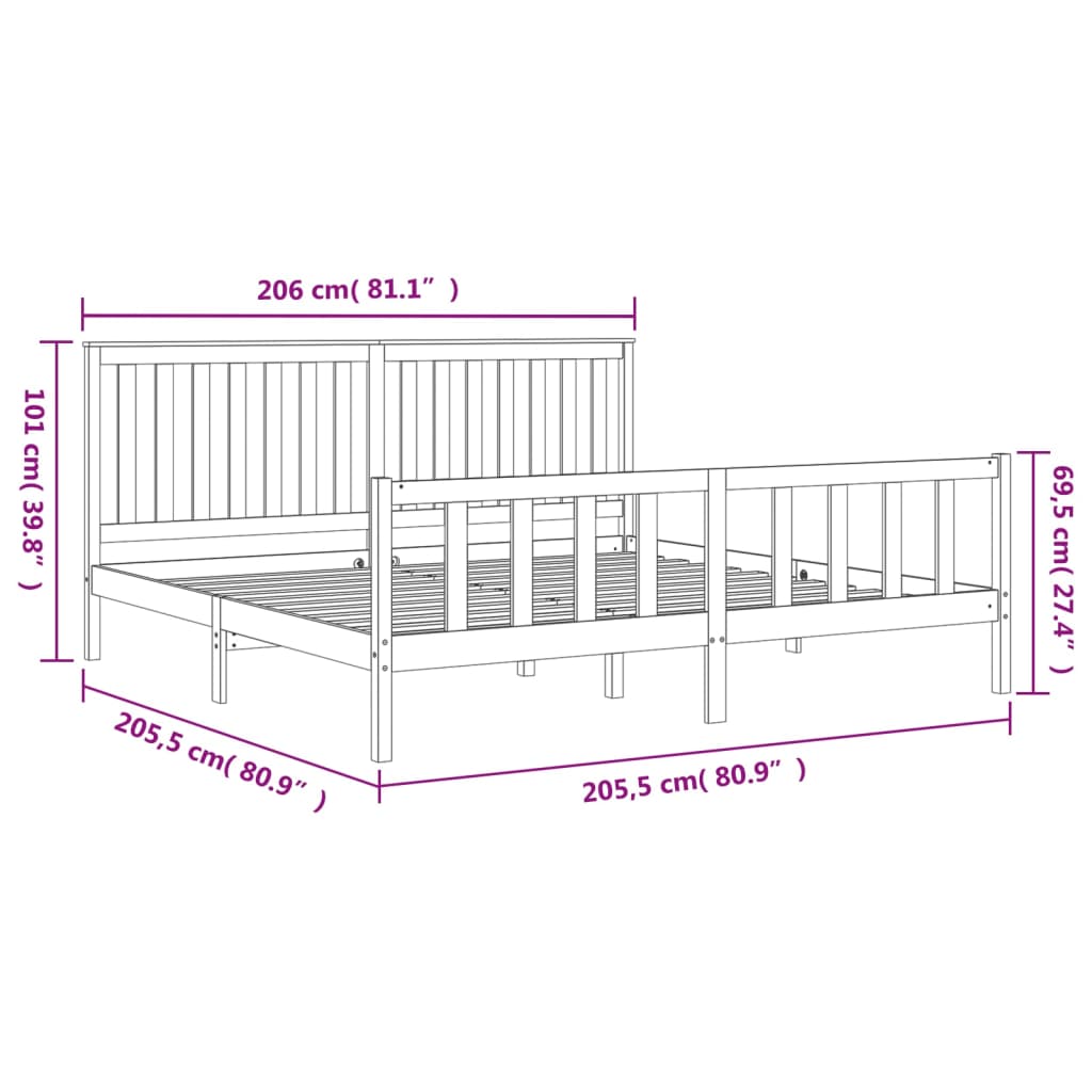 Cadru pat cu tăblie 200x200 cm, gri, lemn masiv de pin