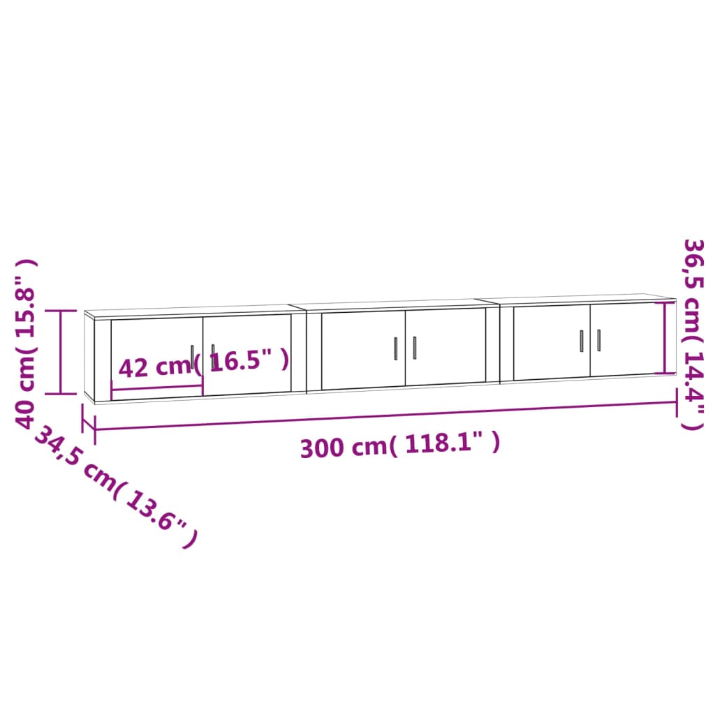 Dulapuri TV montate perete 3 buc. alb extralucios 100x34,5x40cm