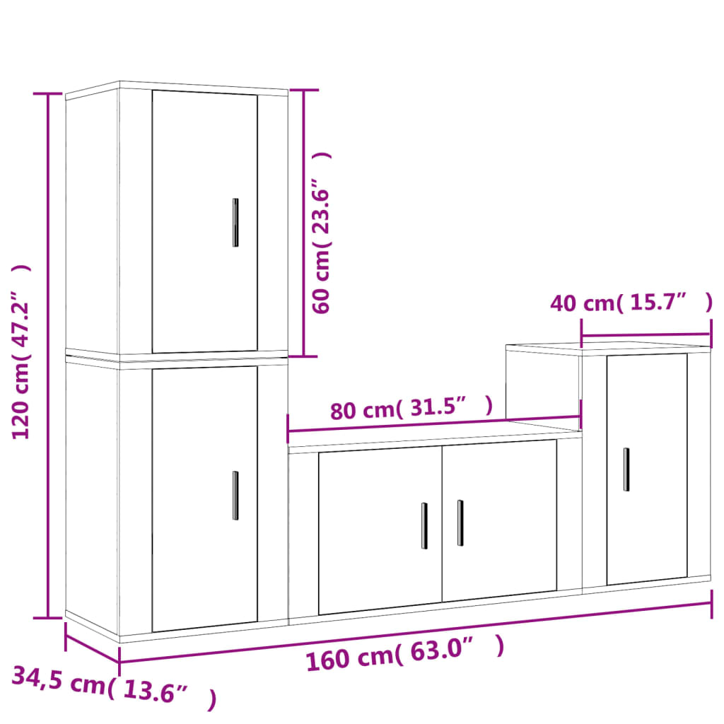 Set dulap TV, 4 piese, alb, lemn prelucrat