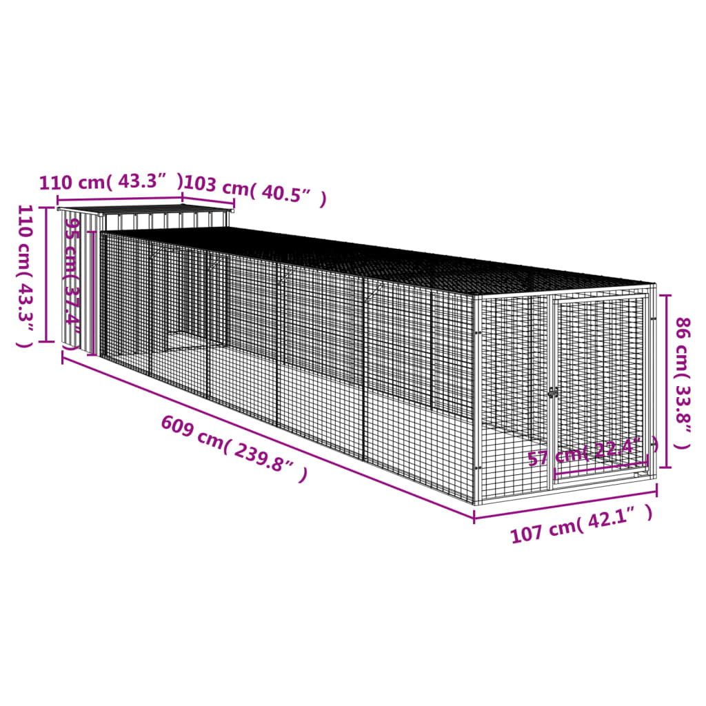 Coteț pui cu incintă gri deschis 110x609x110 cm oțel galvanizat